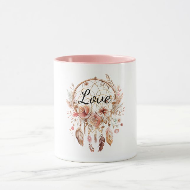 Rosa Liebe Boho Blumen Feathers Dream Catcher Tasse (Zentrum)