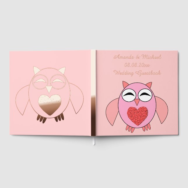 Rosa Liebe Herz Owl Custom Wedding Gästebuch (Voll)