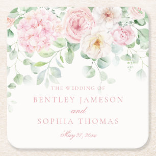 Rosa Liebe im Blumenwasser-Hydrangeas Dekor Hochze Rechteckiger Pappuntersetzer