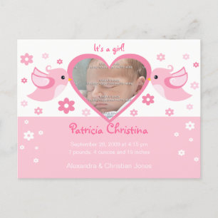 Rosa Liebe-Vogel-Foto-Baby-Geburts-Mitteilung Ankündigungspostkarte