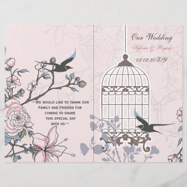 Rosa-Liebling-Bircage-Bi-Falte Hochzeitsprogramm (Vorderseite)