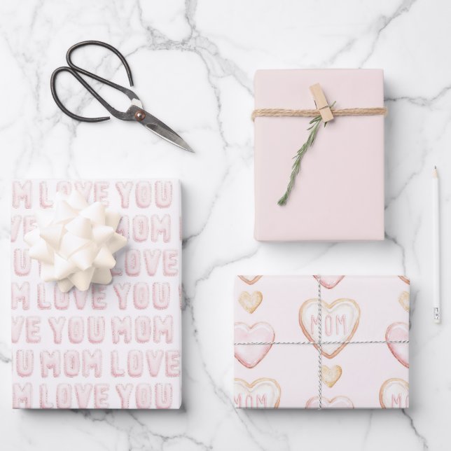 Rosa Liebst Du Mutter Herzen Muttertag Geschenkpapier Set (Vorderseite)