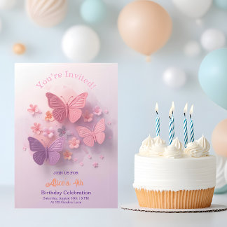Rosa lila 3D Schmetterling Mädchen Geburtstag Einladung