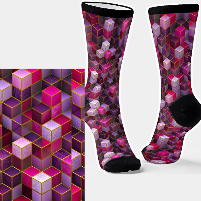 Rosa Lila Abstrakte 3D-Effekte Cubes Socken (Von Creator hochgeladen)