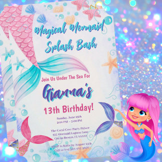Rosa Lila Aquamarine Mermaid Splash Birthday Party Einladung