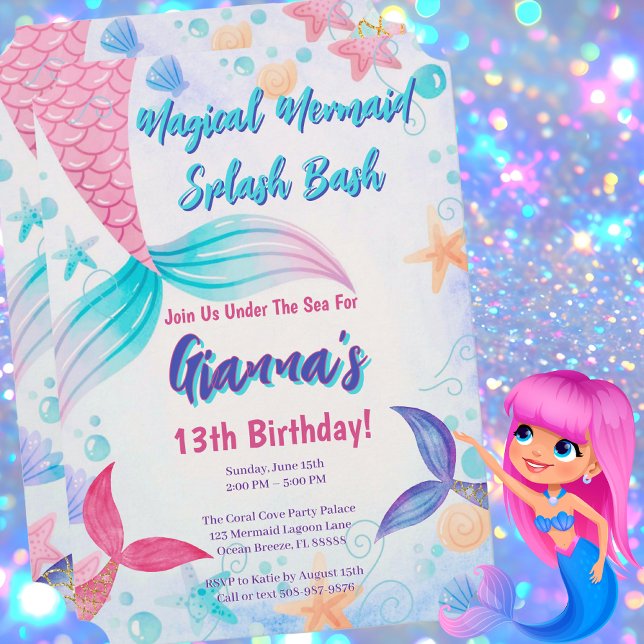 Rosa Lila Aquamarine Mermaid Splash Birthday Party Einladung (Magical Mermaid Birthday Party Invitation)