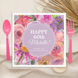 Rosa lila Aquarell-Blumen zum 60. Geburtstag Serviette
