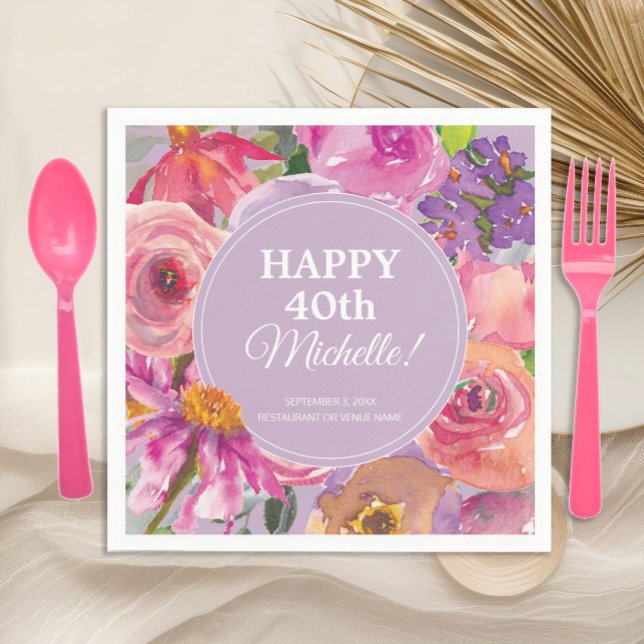 Rosa Lila Aquarellblume 40. Geburtstag Serviette (Pink and purple watercolor floral 40th birthday party paper napkins)