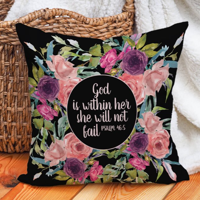Rosa Lila Aquarellblume Christliche Bibel Kissen (Pink and purple floral "God is within her, she will not fail" decorator pillow)
