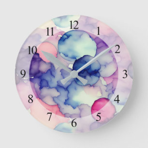 Rosa Lila Aquarellfarbe Fusion Runde Wanduhr