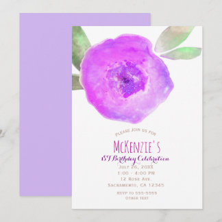 Rosa Lila Aquarellfarben Blume 1. Geburtstag Party Einladung