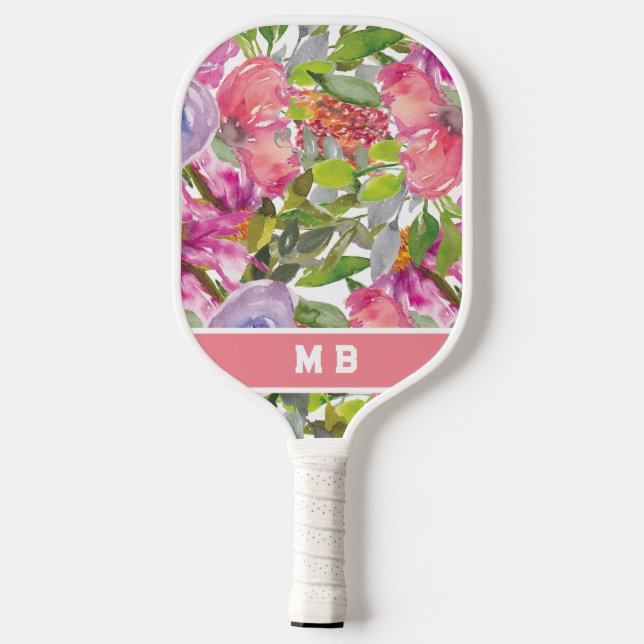 Rosa Lila Aquarellfarben-Blume Blätter Monogramm Pickleball Schläger (Rückseite)