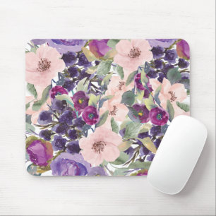 Rosa Lila Aquarellfarben Blumengrün Blätter Mousepad
