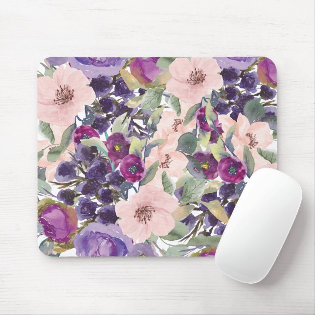 Rosa Lila Aquarellfarben Blumengrün Blätter Mousepad (Mit Mouse)