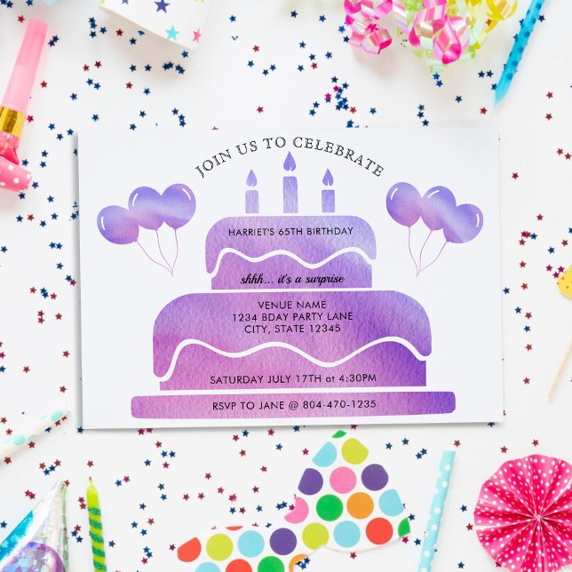 Rosa Lila Aquarellkuchen Balloons 65. Geburtstag Einladung (Pink Purple Watercolor Cake Balloons 65th Birthday Invitation)