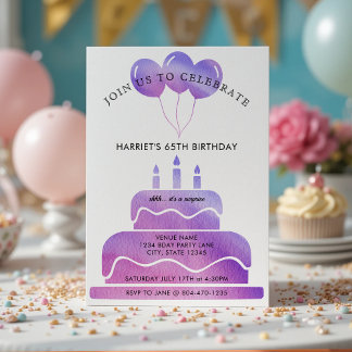 Rosa Lila Aquarellkuchen Balloons 65. Geburtstag Einladung