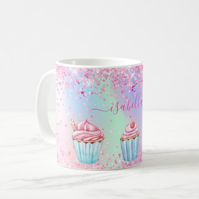 Rosa lila Backen Glitzer cupcakes Name Kaffeetasse (Vorderseite Links)