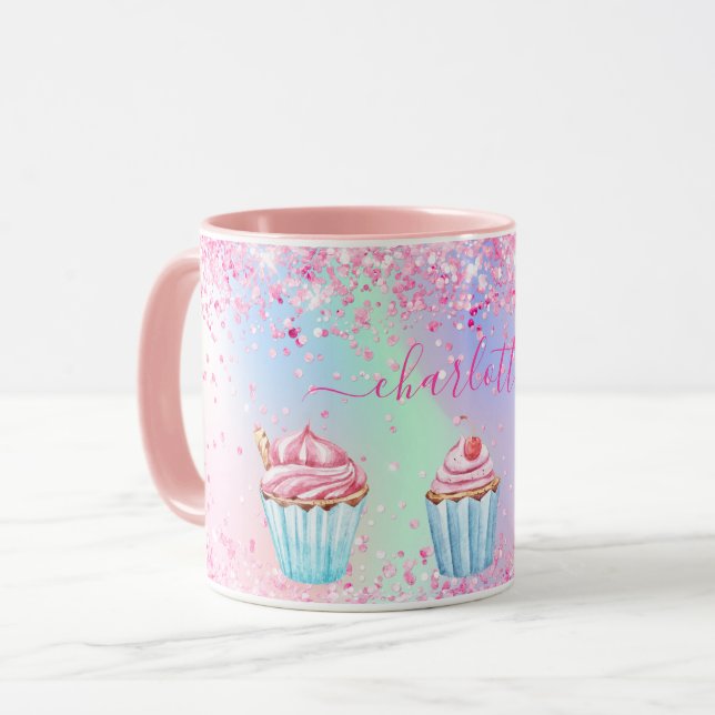 Rosa lila Backkuchen Name Tasse (Vorderseite Links)