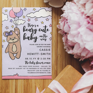 Rosa Lila Beary Niedlich Girl Baby Dusche Einladung