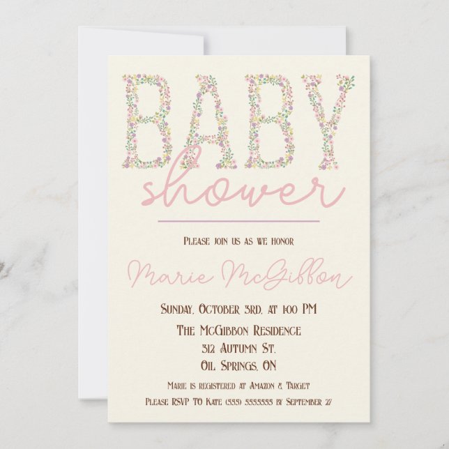 Rosa, Lila, blau, Blütenbaby-Dusche Einladung (Vorderseite)