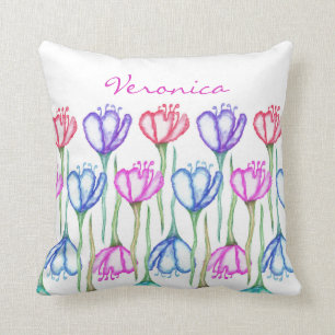 Rosa Lila Blau und Rote Wasserfarbe Tulip Monogram Kissen