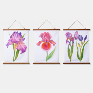 Rosa Lila Blaue Iris Blumen Florale Wasserfarbe Wandteppich Mit Holzrahmen