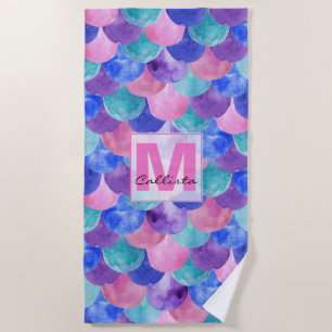 Rosa Lila blaues Aquarellfarben-Monogramm Strandtuch