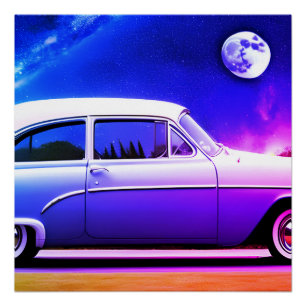 Rosa lila blaues Auto im blauen Mond AI-Kunst Poster