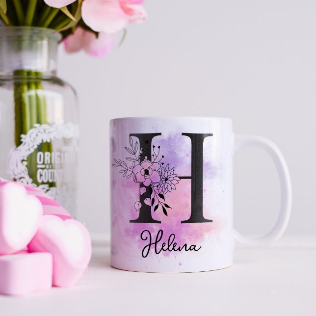 Rosa Lila blorschwarze Buchstaben Monogramm H Kaffeetasse (Von Creator hochgeladen)