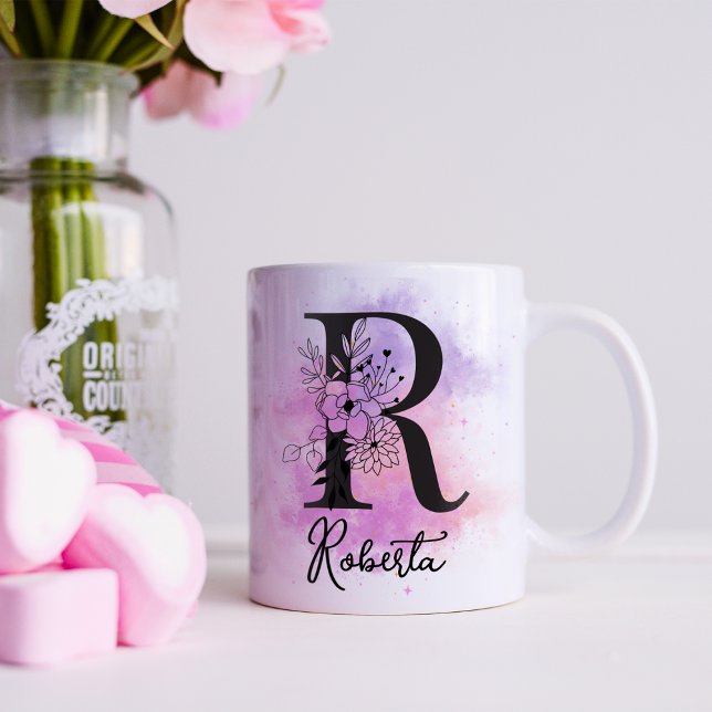 Rosa Lila blorschwarze Buchstaben Monogramm R Kaffeetasse (Von Creator hochgeladen)