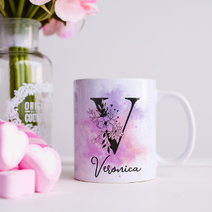 Rosa Lila blorschwarze Buchstaben Monogramm V Kaffeetasse