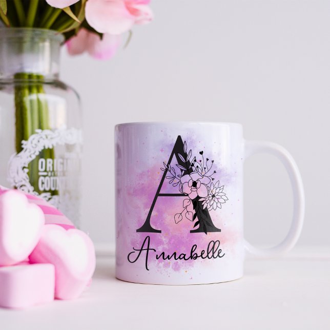 Rosa Lila blorschwarze Buchstabenmonogramm A Kaffeetasse (Von Creator hochgeladen)