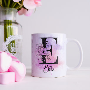Rosa Lila blorschwarze Buchstabenmonogramm E Kaffeetasse