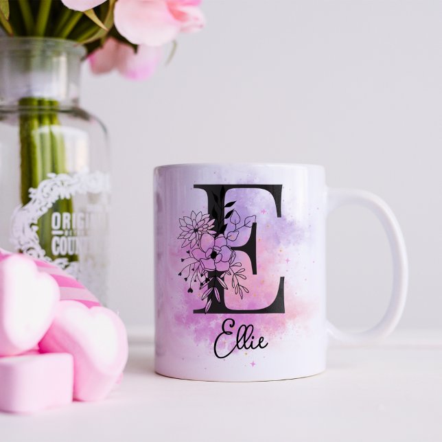 Rosa Lila blorschwarze Buchstabenmonogramm E Kaffeetasse (Von Creator hochgeladen)