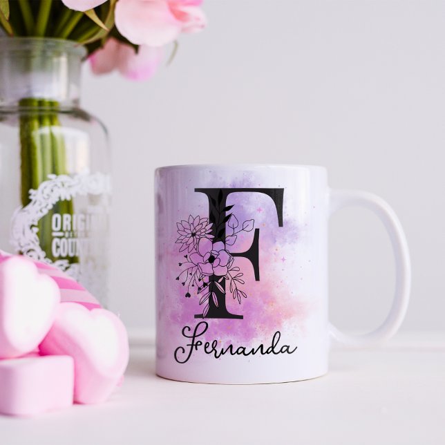 Rosa Lila blorschwarze Buchstabenmonogramm F Kaffeetasse (Von Creator hochgeladen)