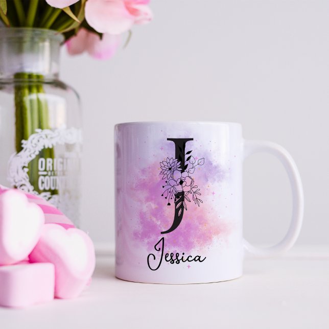 Rosa Lila blorschwarze Buchstabenmonogramm J Kaffeetasse (Von Creator hochgeladen)