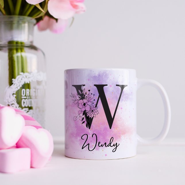 Rosa Lila blorschwarze Buchstabenmonogramm W Kaffeetasse (Von Creator hochgeladen)