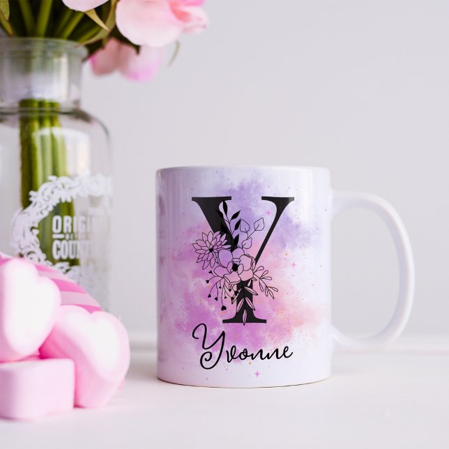Rosa Lila blorschwarze Buchstabenmonogramm Y Kaffeetasse (Von Creator hochgeladen)