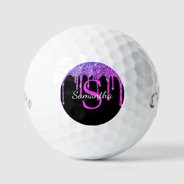 Rosa Lila Blue Glitzer Tropfen Monogramm Name Golfball (Vorderseite)