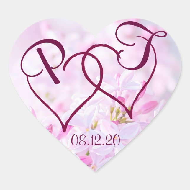 Rosa lila Blume und zwei Herzen individuell anpass Herz-Aufkleber (Vorderseite)