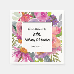 Rosa lila Blumen-90. Geburtstag für Damen Serviette