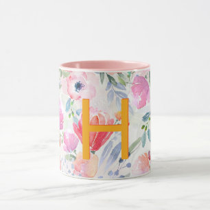 Rosa lila Blumen Aquarellfarben Monogramm Tasse