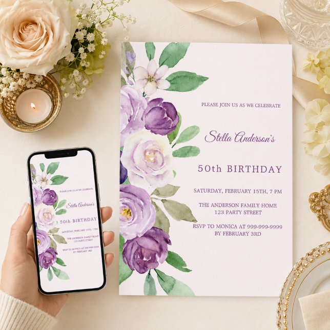 Rosa lila Blumen Geburtstag Einladung (Von Creator hochgeladen)