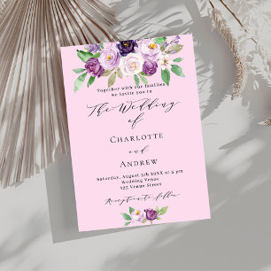 Rosa lila Blumen Grünschrift Luxus-Hochzeit Einladung