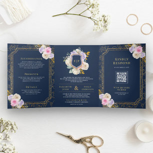 Rosa lila Blumen Hochzeits Crest Navy Overall Dreifach Gefaltete Einladung