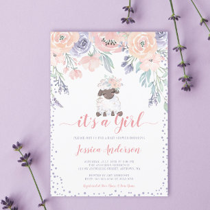 Rosa lila Blumen-Lamm Mädchen Baby-Party Einladung