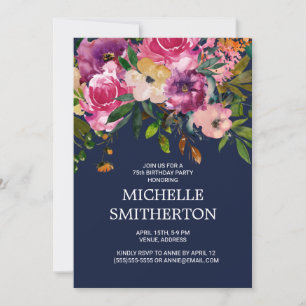 Rosa lila Blumen Navy Blau 75. Geburtstag Einladung