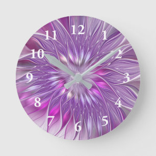 Rosa lila Blumen-Passion-Abstrakte-Fraktal-Kunst Runde Wanduhr