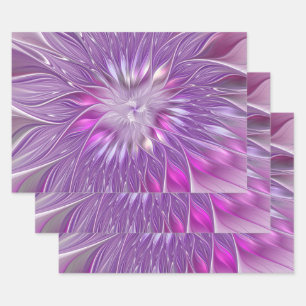 Rosa lila Blumen-Passion-Abstraktes Fraktal-Kunstw Geschenkpapier Set