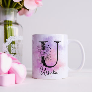 Rosa Lila Blumen Schwarz Buchstabe Monogramm U Kaffeetasse